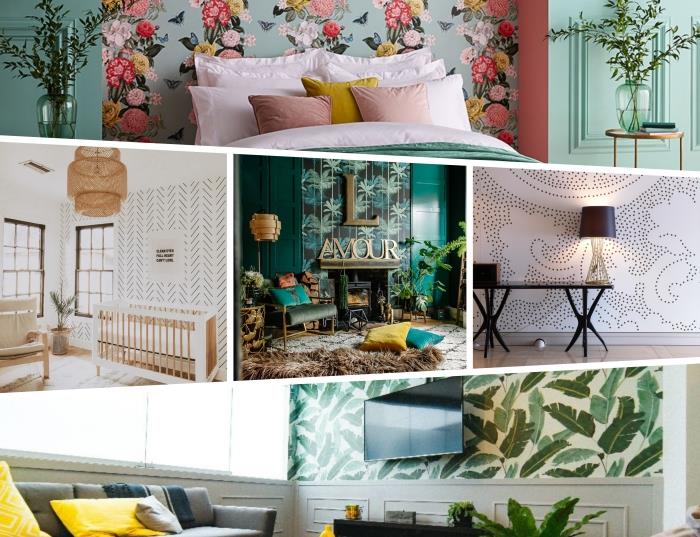 Yetişkin bir yatak odası için trendy deco 2020, çiçek desenli pastel yeşil duvar kağıdı modeli