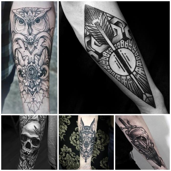 Quattro tatuiruotė gyvūnams, geometrija ir gufo forma, tatuaggi sulla spalla uomo