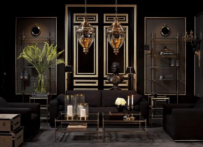 aukso spalvos durų liejimas, harmonizuojantis su prabangia atmosfera juodos ir auksinės spalvos gyvenamajame kambaryje su stiklo elementais