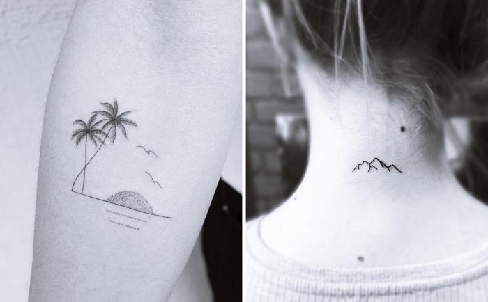 gorska pokrajina, tetovaža na hrbtu, tetovaža podlakti na plaži, srčkane preproste tetovaže
