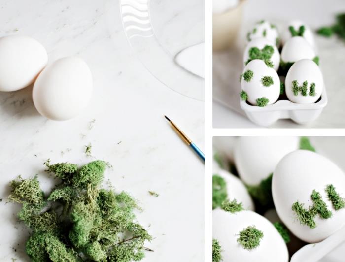 beyaz kabuklu yumurtaları tutkal ve ince bir fırça kullanarak yeşil köpükle nasıl süsleyebilirsiniz, yumurtaları beyaz kartona yerleştirin