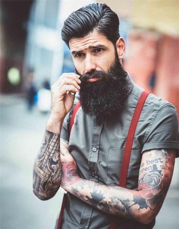 büyük sakallı hipster model adam pompadour kesim dövmeler jartiyer