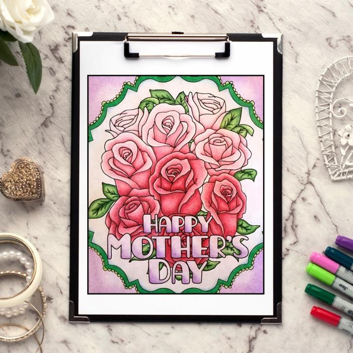 Raudonos ir rožinės rožės mamos dienos įvaizdis, laimingos mamos dienos spalvinimo puslapiai paprasti ir lengvi