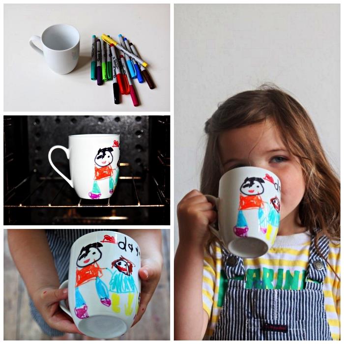 Çocuğun çizim baba ve kızı ile kişiselleştirilmiş seramik kupa, DIY babalar günü yürümeye başlayan çocuk