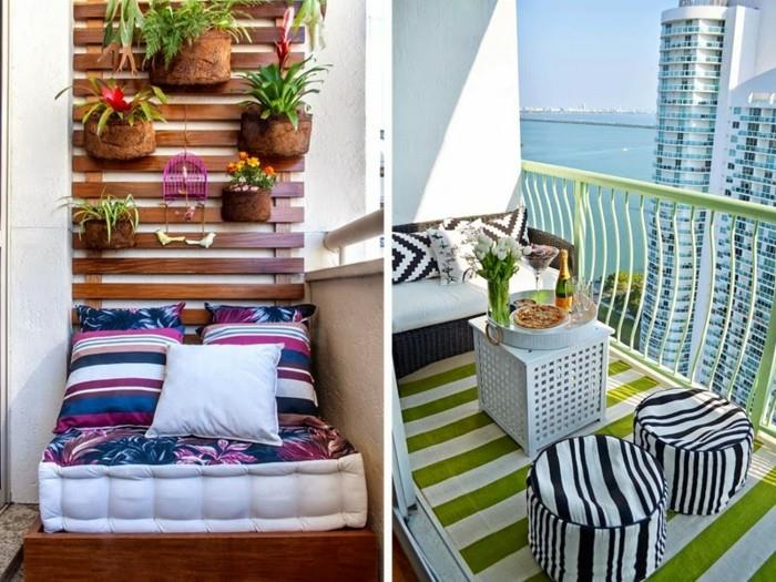 balkon dekorasyonu için iki öneri, saksı bitkili ahşap raf, beyaz mavi ve mor koltuk üstü, yeşil çizgili kilim, siyah beyaz mobilya