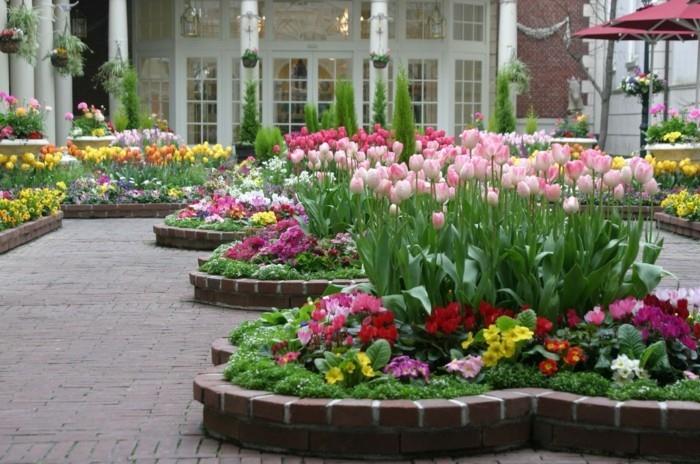 več cvetočih otokov, tulipanov in drugega spomladanskega cvetja, gredica, vrtna ideja, cvetlična dekoracija