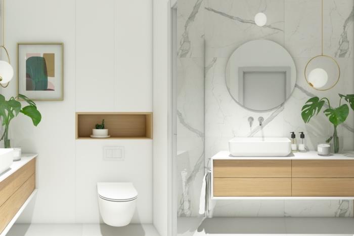 ahşap objeler ve yeşil bitkiler ile beyaz duvarlar ile minimalist bir banyoda şık ve modern dekor