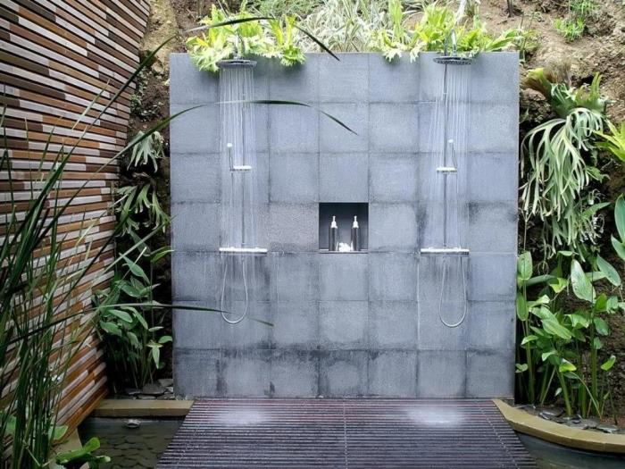 Taş kaplamalı Zen bahçe dekorasyonu, küçük bahçe gölet modeli, dış mekan beton duş örneği