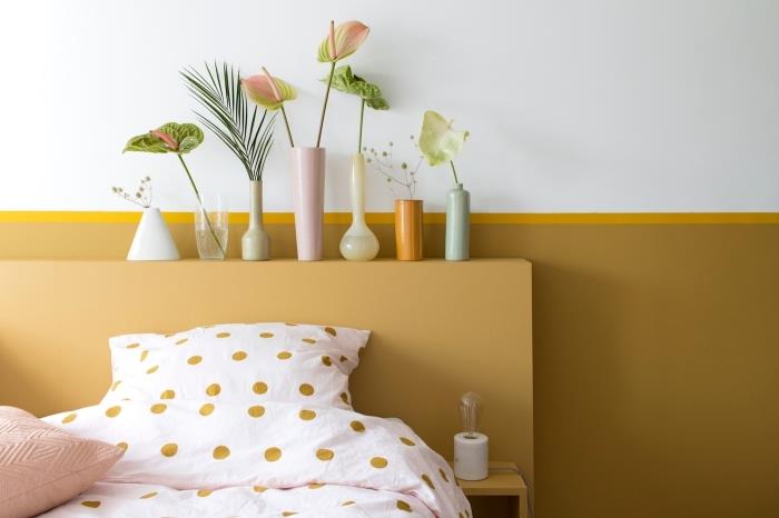 primer barve za spalnico za odrasle 2 barvi, katere barve združiti v trendovski rumeno -beli spalnici