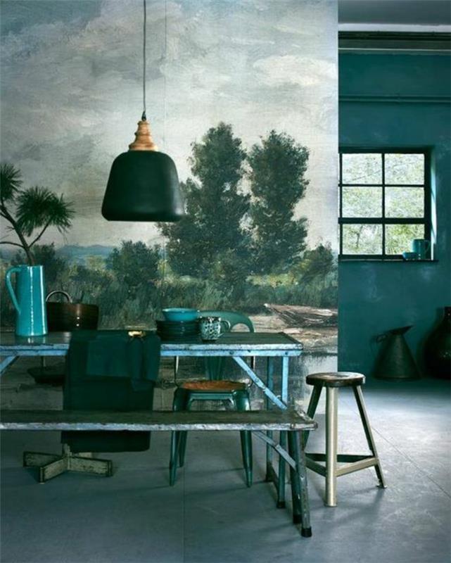 račja modra stena, kmečki kotiček za zajtrk s pokrajinsko sliko na steni