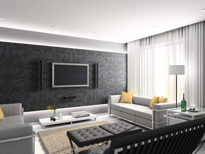 antrasit gri duvar, gri halı ve kanepeler, beyaz minimalist TV dolabı, beyaz perdeler, modern bir oturma odasında Zen atmosferi