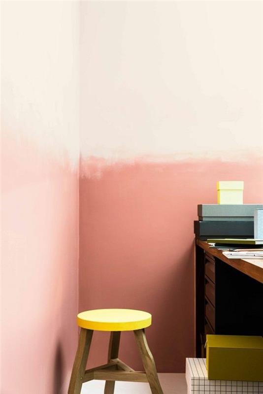 sienų spalva-tamsinta-balc-rožinė-lašišos spalva-maža-medinė-kėdė-ruda ir geltona