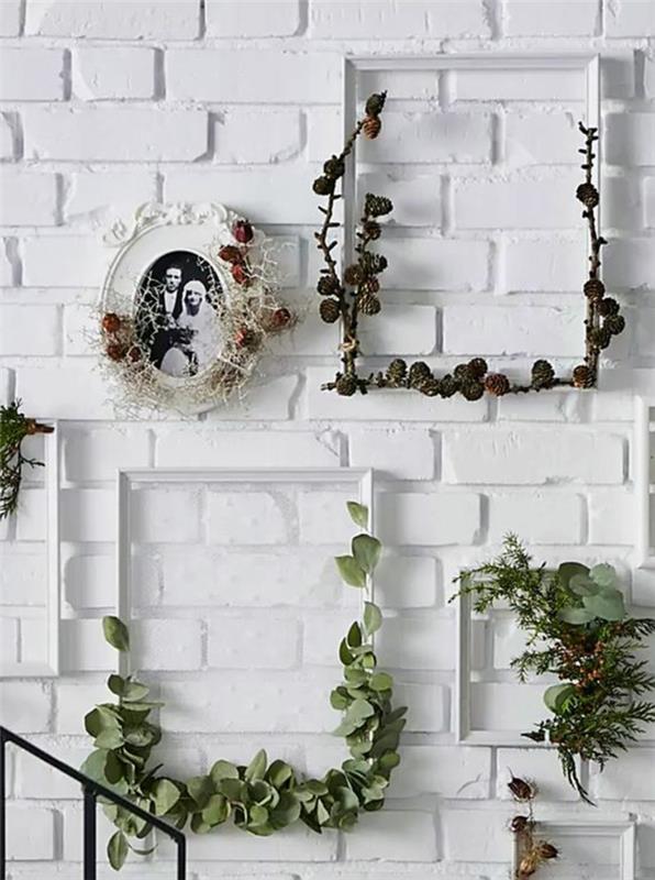 stena z belim okvirjem, ideja, kako prilagoditi bel okvir rastlin, vej, vintage poročne fotografije