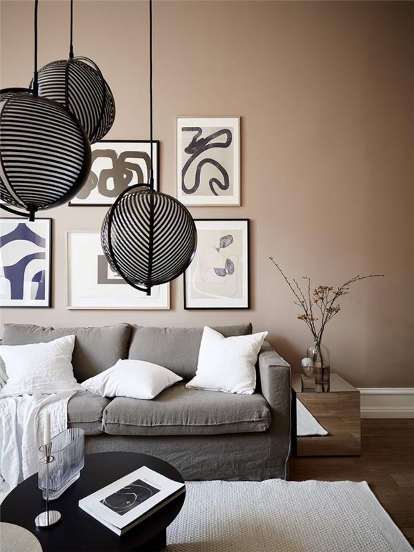 sodobno notranje oblikovanje v dnevni sobi v nevtralnih barvah, ideja bež barve v dnevni sobi s sivim pohištvom in lesom