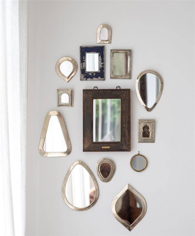 nesuderintų veidrodžių siena senovinių sienų dekoro idėjos perlų pilki svetainės sieniniai veidrodžiai