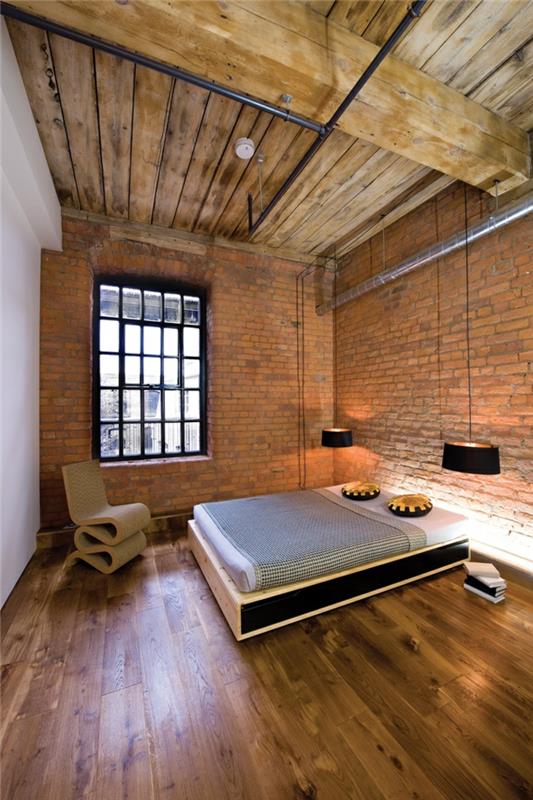 minimalist-yatak odası-tuğla duvar