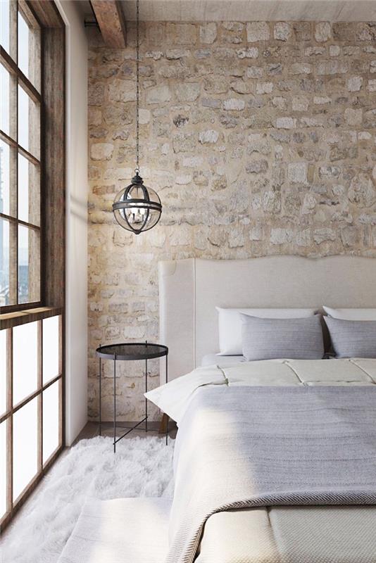 miegamojo siena su akmenimis ar imitacija, medinis lango rėmas ir dizainerio pakabinama lempa