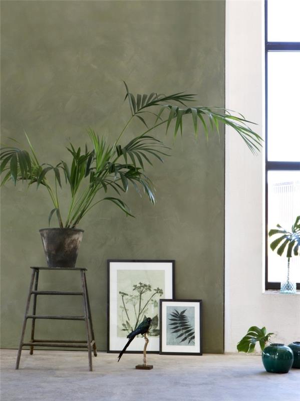 kaki stena zelena rastlinski učinek poslikava turkizna vaza umetniško slikarstvo črni okvir zelena dekoracija dnevne sobe