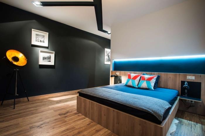 sodobna barva spalnice za odrasle, trendovska stenska barva, dekor spalnice s črno belimi stenami in modrimi poudarki