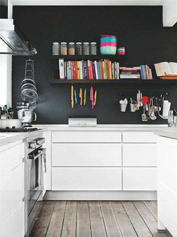 siyah-duvar-yerden-zemine-gri-duvar-beyaz-mobilya-duvar-rafları-mutfak-mobilya