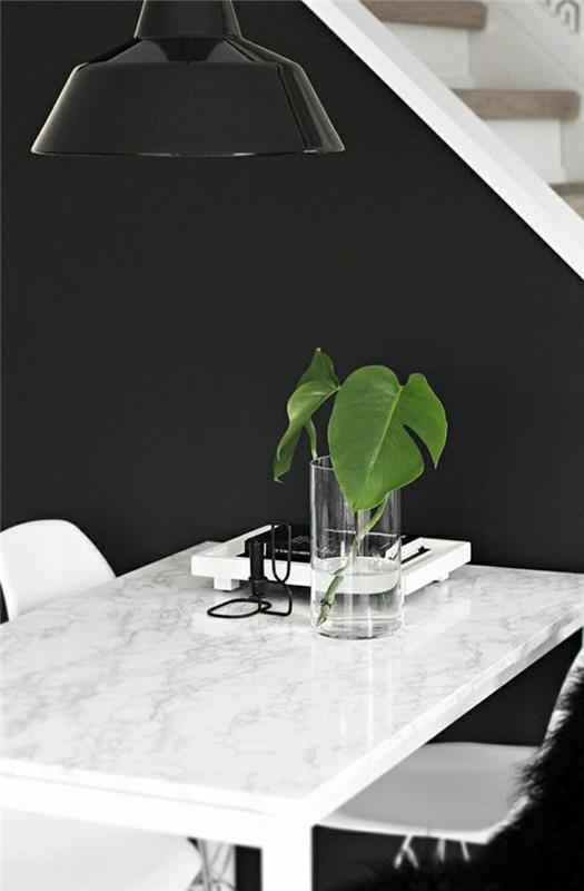 črna stena-marmorna miza-bela-zelena-rastlinski-stol-v-rastlini-bela-črna-stena