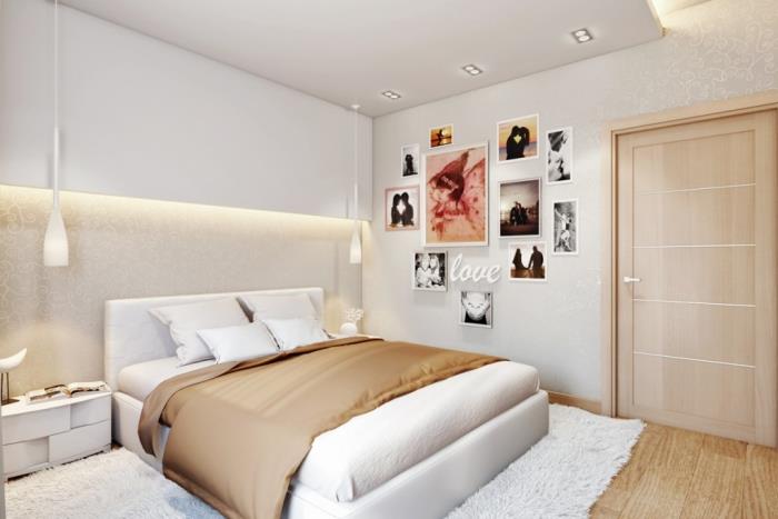 iç mekanda bej renk kombinasyonu, fotoğraflı duvar ve yetişkin yatak odasında beyaz asma tavan