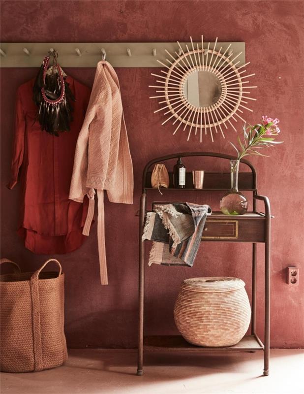 terakotos sienų tapyba prieškambaris egzotiško stiliaus šiltas dekoras prieškambario drabužių veidrodis saulė austi krepšelio saugykla
