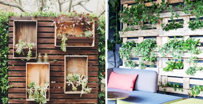 kako urediti vrt z zeleno steno, vrtni dekor s sedežno garnituro in mizico pred steno iz lesa palete