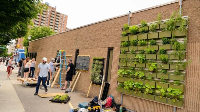 žalia padėklų siena, žemas pastatas su šviesiai rudomis sienomis, didelė kvadratinė plokštė su žaliais plastikiniais augalų laikikliais, žalia siena