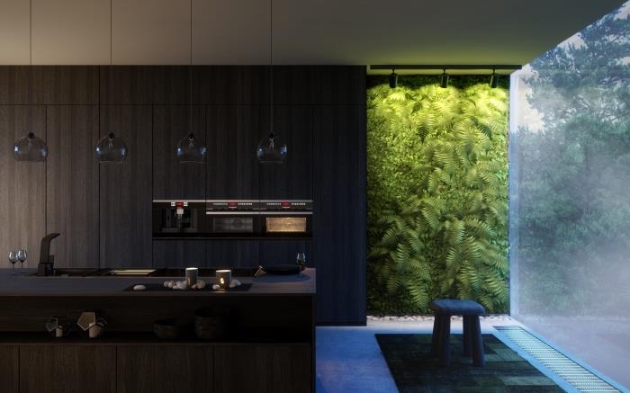 siyah tezgahlı modern mutfak dekorasyonu, karanlık bir mutfakta çağdaş iç tasarım