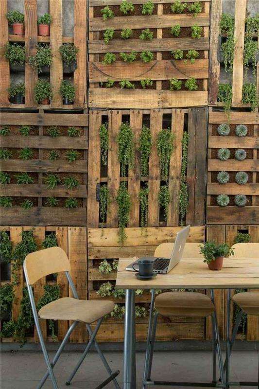 pramoninis kaimiškas dekoro interjeras, padėklų augalų siena, auginami augalai padėklo viduje