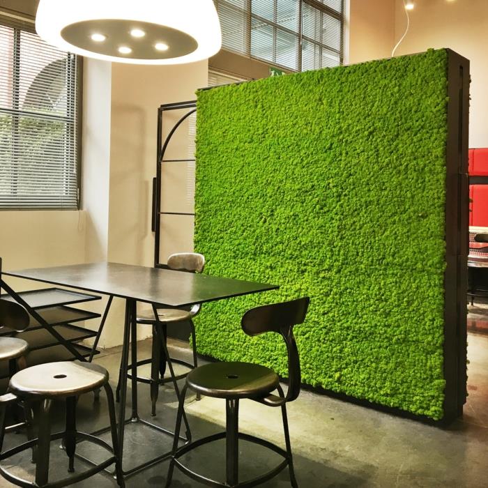 žalia padėklų siena, kvadratinė plokštė su žaliomis samanomis, kuri tarnauja kaip erdvės daliklis, atskiras valgomasis ir svetainė su žalia, erdvė, linkusi atsipalaiduoti, žalia siena