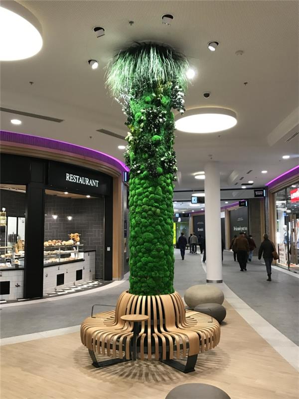 büyük alışveriş merkezi, yeşil yosunla sarılmış ve sütunun etrafında daire şeklinde düzenlenmiş altı spot ışığıyla aydınlatılan dekoratif sütun, dikey ekim, yeşil duvar