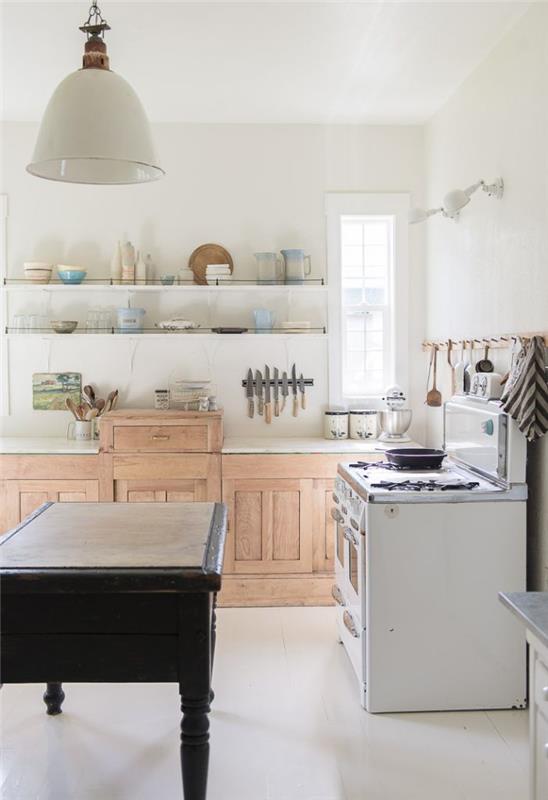 bele stene svetel les lesena kuhinjska omara bele odprte police obesek v lahkem stilu vintage namizni pribor