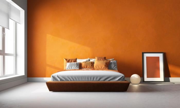 sodobna ideja za barvo spalnice v oranžni barvi, odtenek mandarine za spalnico, velik model postelje v rjavem okvirju