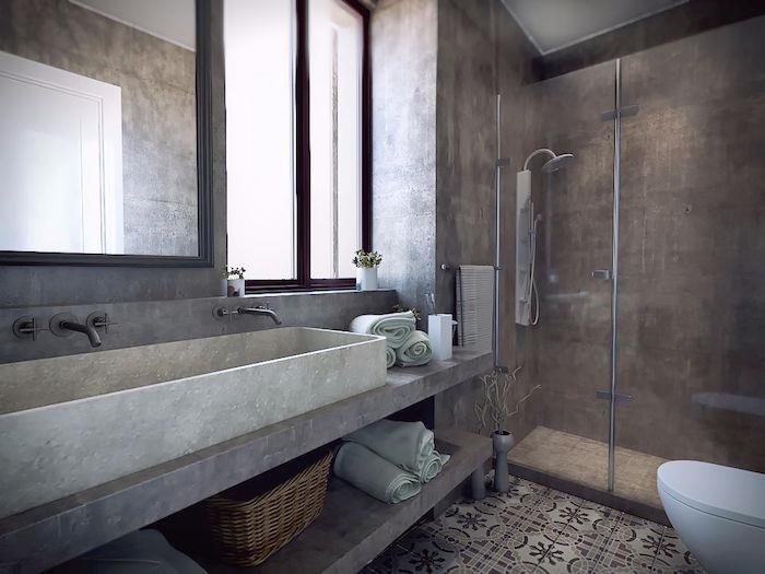 Çimento havzalı reçine mumlu betondan İtalyan duş duvarı ve lavabo dolabı