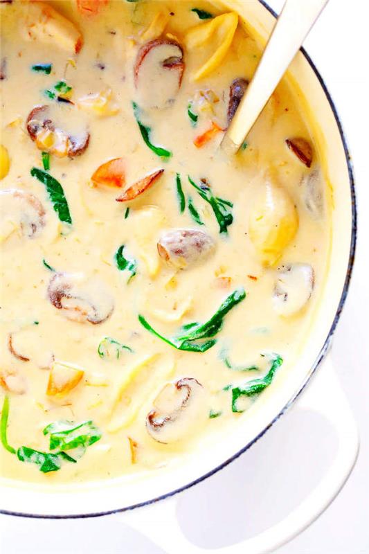 beyaz tencere çorba, mantar ve ıspanak dolu, kremalı tortellini çorbası, beyaz arka plan