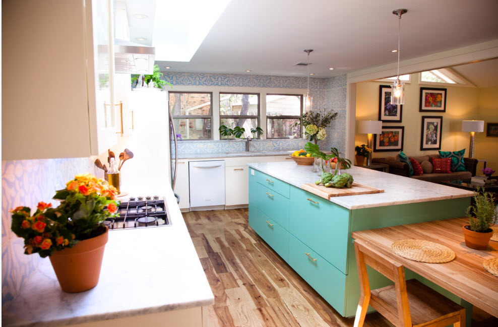 Isla de cocina en colores menta