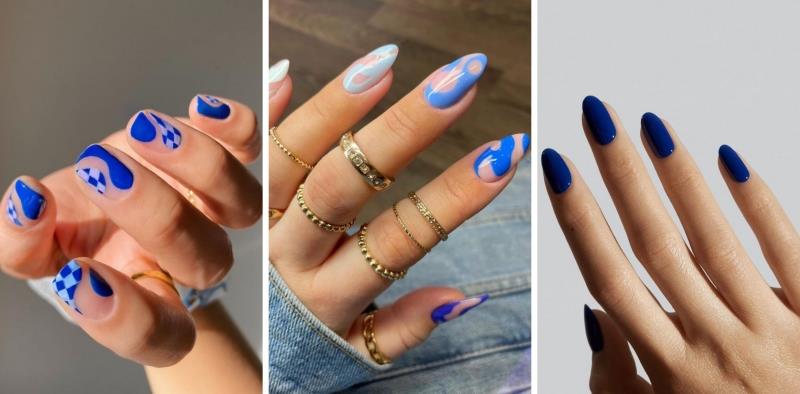 nail art jesen 2021 nail art trendi modra barva manikura geometrijski vzorci