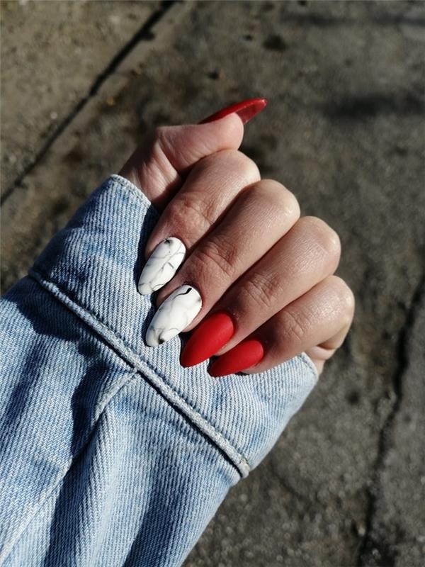 jesen nail art denim jakna manikura za dolge nohte rdeča lak z mat učinkom nohti bela marmorna manikura