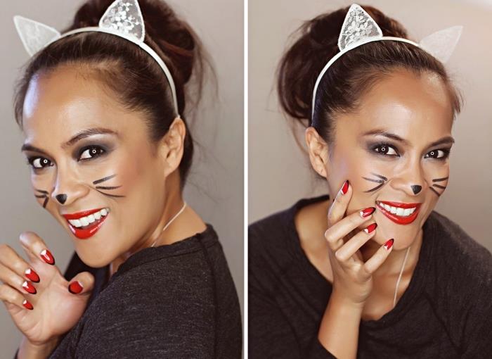 paprasta Helovino makiažo idėja, makiažas su kačių ūsų akių pieštuku ir raudonais lūpų dažais