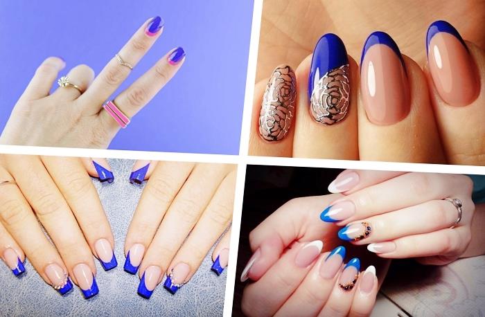 temno modra dekoracija laka za nohte, francoski model nail art z golo podlago in modre črte z zlatim okrasjem s cvetličnimi motivi