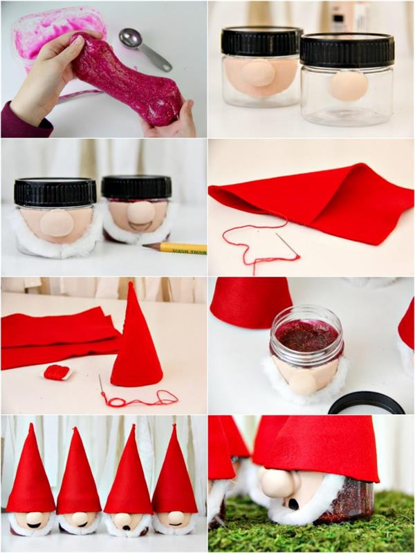 „Decorazione natalizia con dei barattolini di di vetro trasformati“ ir „dei nani con cappellini rossi“