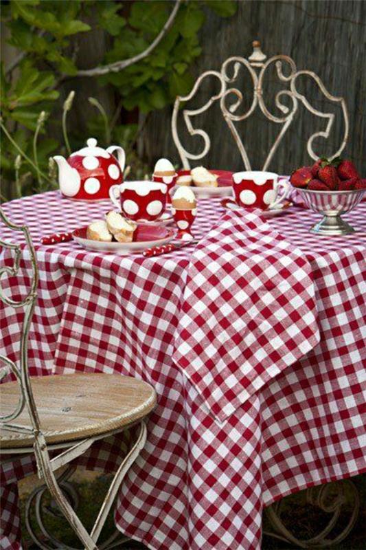kırmızı-beyaz-kareli-masa örtüsü-kırmızı-masa-takımı-ferforje-sandalyeler-bahçe-masa