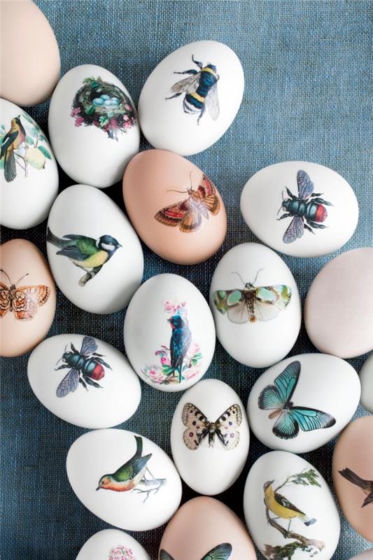 Paskalya 2018 için yumurtalar nasıl dekore edilir, çıkartma çıkartmaları ile süslenmiş beyaz kabuklu yumurta şablonu