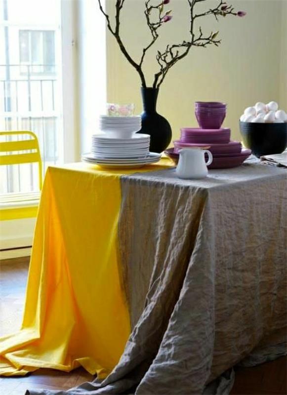 geltonai pilka-lino-stalo-staltiesė-stalo apdaila-ilga staltiesė