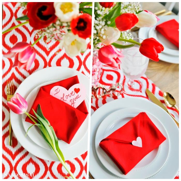 raudonas ir baltas stalo bėgikas, baltos lėkštės, voko formos servetėlės, tulpių puokštė, stalo dekoravimo idėja