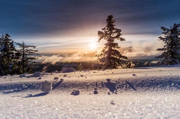 muhteşem kış manzarası, beyaz ağaçlarla kaplı karla kaplı bir dağda gün batımı fotoğrafı