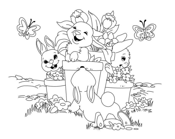 yazdırılacak komik tavşan boyama sayfaları, çiçekler ve kelebeklerle dolu bir bahçede küçük tavşanlarla boyamak için kolay çizim fikri