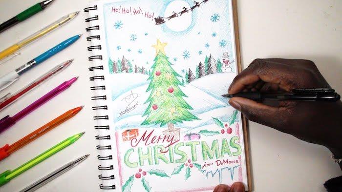 Renkli kalemlerle çizilmiş Noel ağacı, Noel Baba çizim fikri, çocuklar ve yetişkinler için Noel boyama